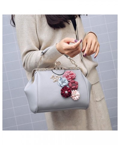 Women Handbag with Three-dimensional Flowers Metal Clip Buckle Handbag PU Leather Shoulder Bag Messenger Bag-Sliver Gray $43....