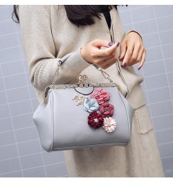 Women Handbag with Three-dimensional Flowers Metal Clip Buckle Handbag PU Leather Shoulder Bag Messenger Bag-Sliver Gray $43....