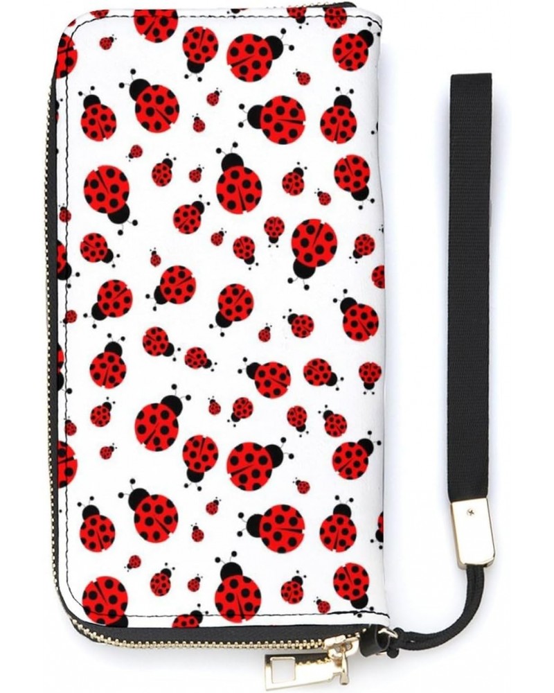 Ladybugs Pattern Zip Coin Pocket Leather Wallet Vertical Long Wallet for Men Woman With Credit Card Holder $17.52 Wallets