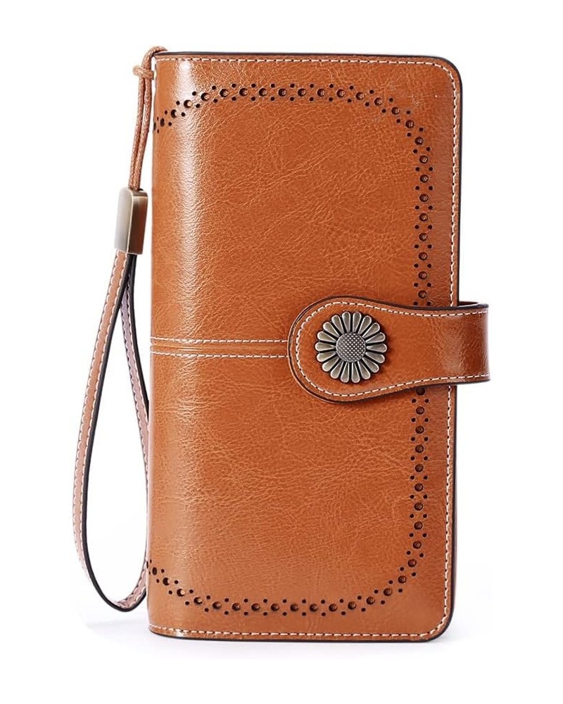 Large Capacity RFID Blocking Genuine Leather Wallets for Women with Wristlet Trifold Ladies Billfold with Zipper Brown $14.29...