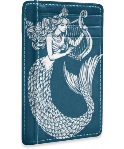 Mermaid Playing Harp Blue Slim Minimalist Wallet Rfid Blocking Card Wallets PU Leather Front Pocket Wallets $9.17 Wallets