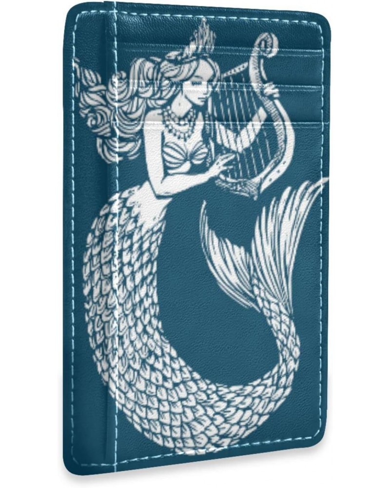 Mermaid Playing Harp Blue Slim Minimalist Wallet Rfid Blocking Card Wallets PU Leather Front Pocket Wallets $9.17 Wallets