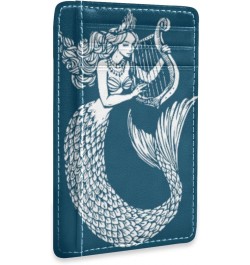 Mermaid Playing Harp Blue Slim Minimalist Wallet Rfid Blocking Card Wallets PU Leather Front Pocket Wallets $9.17 Wallets