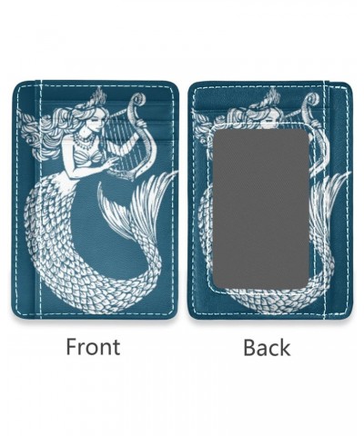 Mermaid Playing Harp Blue Slim Minimalist Wallet Rfid Blocking Card Wallets PU Leather Front Pocket Wallets $9.17 Wallets