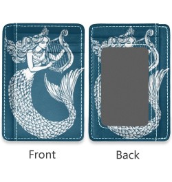 Mermaid Playing Harp Blue Slim Minimalist Wallet Rfid Blocking Card Wallets PU Leather Front Pocket Wallets $9.17 Wallets