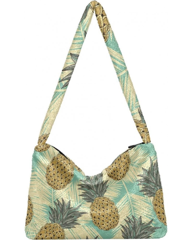 Tropical Leaves Fruits Pineapple Fluffy Crossbody Bag Furry Tote Bags for Women Fuzzy Purse Handbag Lady Shoulder Bag Large P...