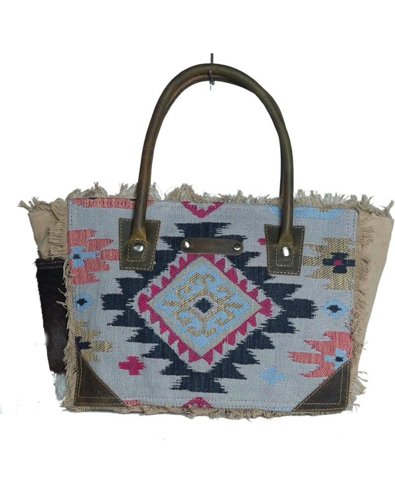 Women Canvas Handwoven Brown Leather Handbag Tote Purse 17RT2112 Multicolored Aztec $24.75 Totes