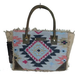 Women Canvas Handwoven Brown Leather Handbag Tote Purse 17RT2112 Multicolored Aztec $24.75 Totes