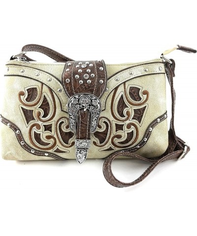 Concealed Carry Rhinestone Tooled Leather Studded Buckle Messenger Cross Body Handbag Purse Beige $15.38 Shoulder Bags