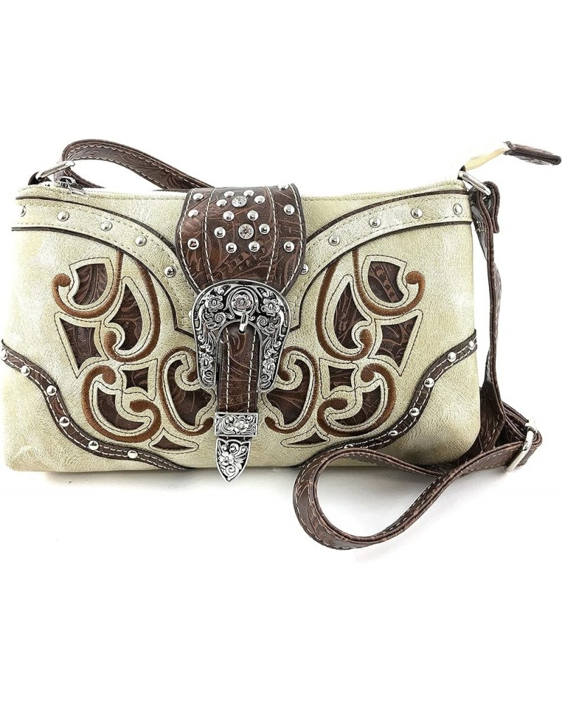 Concealed Carry Rhinestone Tooled Leather Studded Buckle Messenger Cross Body Handbag Purse Beige $15.38 Shoulder Bags