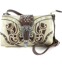 Concealed Carry Rhinestone Tooled Leather Studded Buckle Messenger Cross Body Handbag Purse Beige $15.38 Shoulder Bags