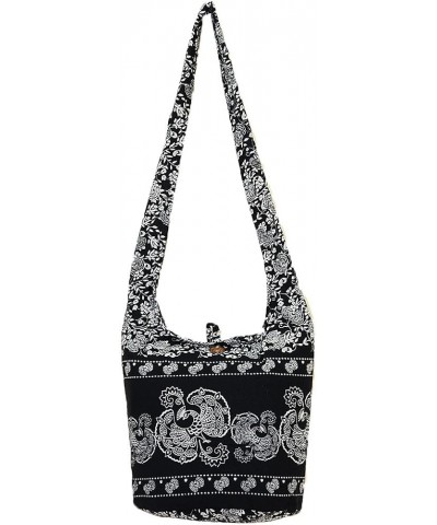 Thai Hippie Hobo Sling Crossbody Shoulder Bag Purse Handmade Zip Peacock Pattern Cotton Gypsy Boho Messenger Medium Black $10...