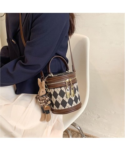 Quilted Lattice Crossbody Shoulder Bags for Women Small Tote Square Satchel Handbags Purse with Bunny Doll Pendant Bucket Cof...