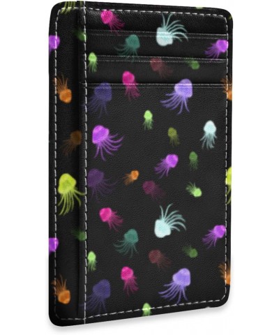 Bright Neon Colored Jellyfish Slim Minimalist Wallet Small Card Wallets PU Leather Front Pocket Wallets $9.17 Wallets