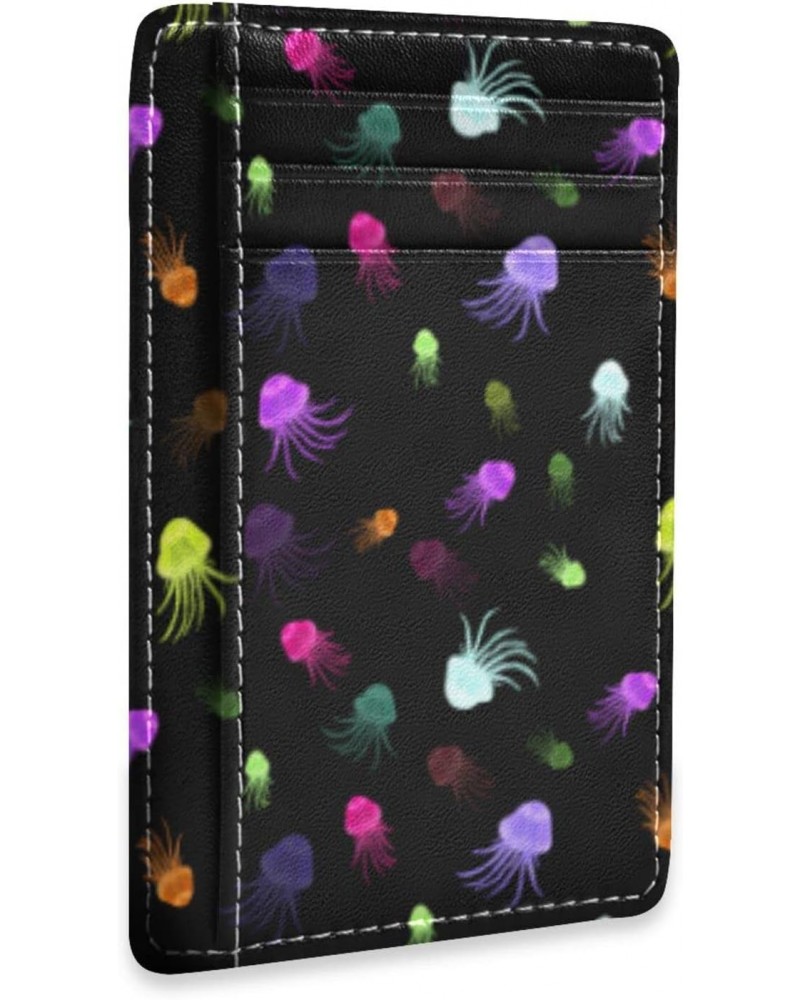 Bright Neon Colored Jellyfish Slim Minimalist Wallet Small Card Wallets PU Leather Front Pocket Wallets $9.17 Wallets