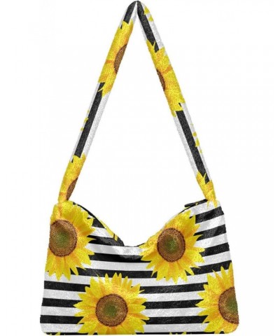 Stripe Sunflower Shoulder Tote Bags for Women Furry Crossbody bag Hobo Handbag Purses for Work Travel College $9.45 Totes