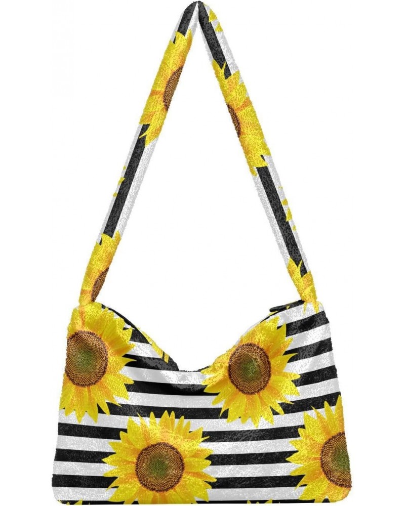 Stripe Sunflower Shoulder Tote Bags for Women Furry Crossbody bag Hobo Handbag Purses for Work Travel College $9.45 Totes