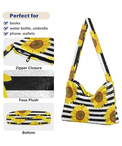 Stripe Sunflower Shoulder Tote Bags for Women Furry Crossbody bag Hobo Handbag Purses for Work Travel College $9.45 Totes