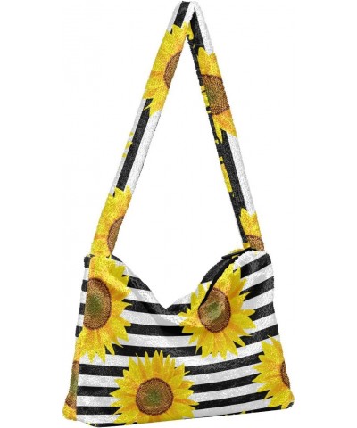 Stripe Sunflower Shoulder Tote Bags for Women Furry Crossbody bag Hobo Handbag Purses for Work Travel College $9.45 Totes