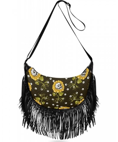 Sunflowers Skulls Fringe Bag for Women Cross Body Bag Tassel Shoulder Bag Satchel $12.96 Shoulder Bags