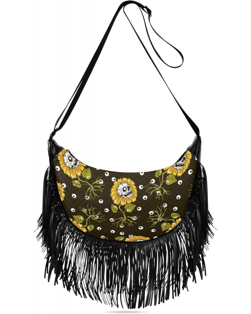 Sunflowers Skulls Fringe Bag for Women Cross Body Bag Tassel Shoulder Bag Satchel $12.96 Shoulder Bags