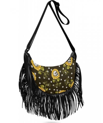 Sunflowers Skulls Fringe Bag for Women Cross Body Bag Tassel Shoulder Bag Satchel $12.96 Shoulder Bags