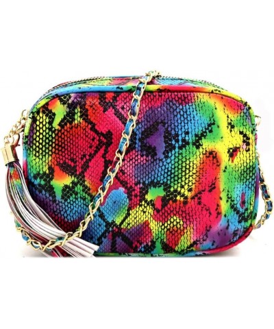 Girls Womens Leopard Snake Zebra Print Faux Leather Square Crossbody Bag Purse Square With Tassel - Bright Multicolor Snake P...