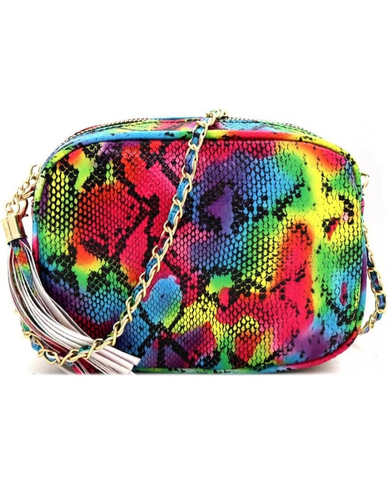 Girls Womens Leopard Snake Zebra Print Faux Leather Square Crossbody Bag Purse Square With Tassel - Bright Multicolor Snake P...