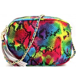 Girls Womens Leopard Snake Zebra Print Faux Leather Square Crossbody Bag Purse Square With Tassel - Bright Multicolor Snake P...