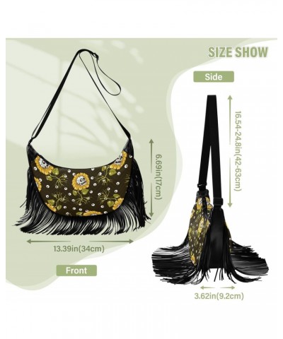 Sunflowers Skulls Fringe Bag for Women Cross Body Bag Tassel Shoulder Bag Satchel $12.96 Shoulder Bags