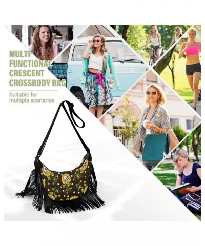 Sunflowers Skulls Fringe Bag for Women Cross Body Bag Tassel Shoulder Bag Satchel $12.96 Shoulder Bags