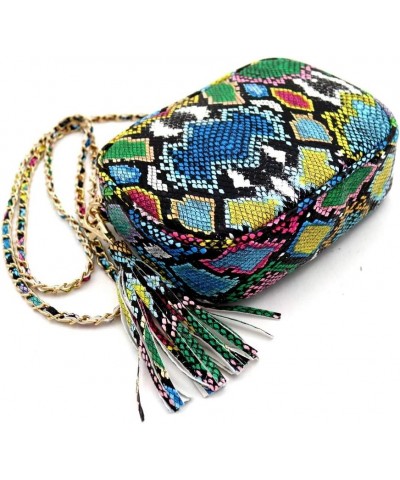 Girls Womens Leopard Snake Zebra Print Faux Leather Square Crossbody Bag Purse Square With Tassel - Bright Multicolor Snake P...