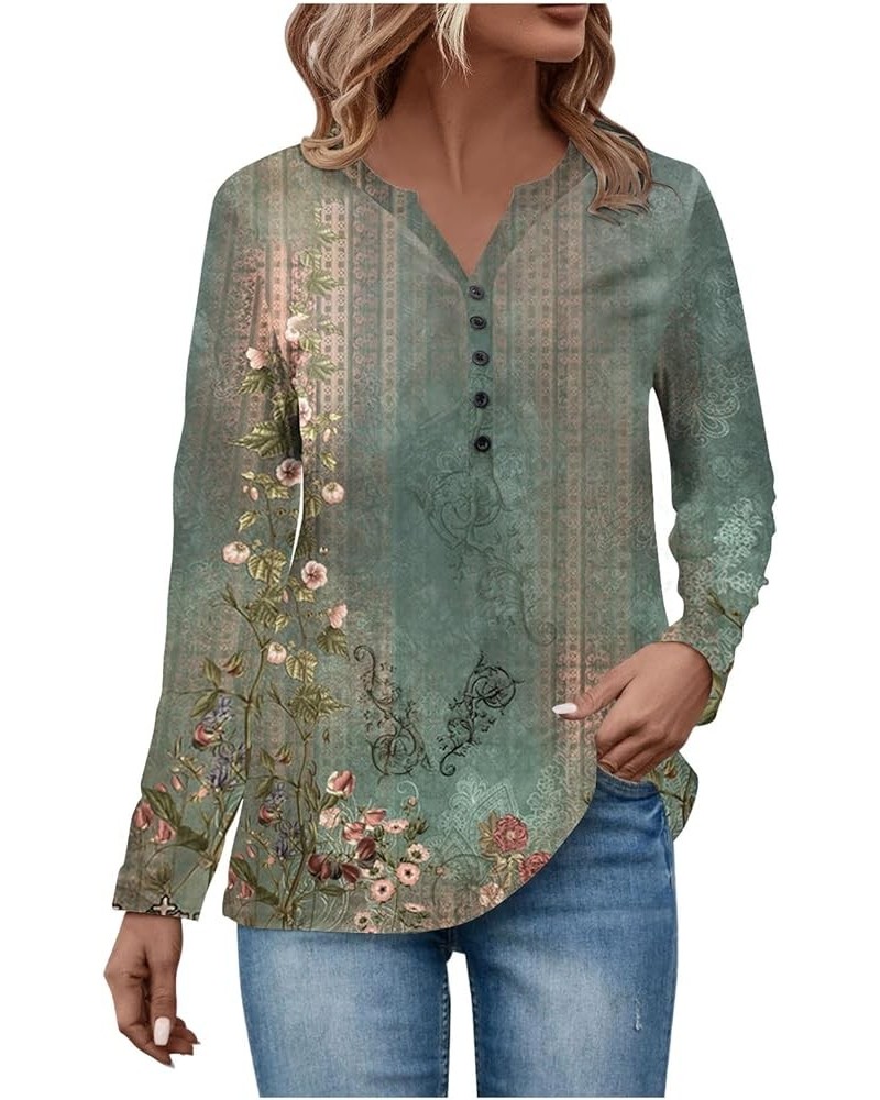 Sweatshirt for Juniors Ethnic Floral Baggy Bohemian Tops Long Sleeve Neck V Neck Button Down Shirts Womens Green 2➤➤ Independ...