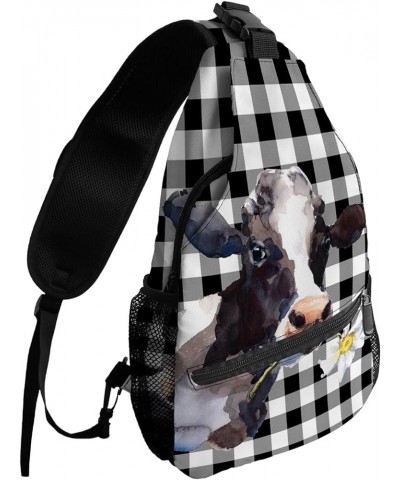 Sling Bag Crossbody Bag for Women Men Farmhouse Diary Cow Black and White Plaid Waterproof Hiking Backpack Lightweight Chest ...