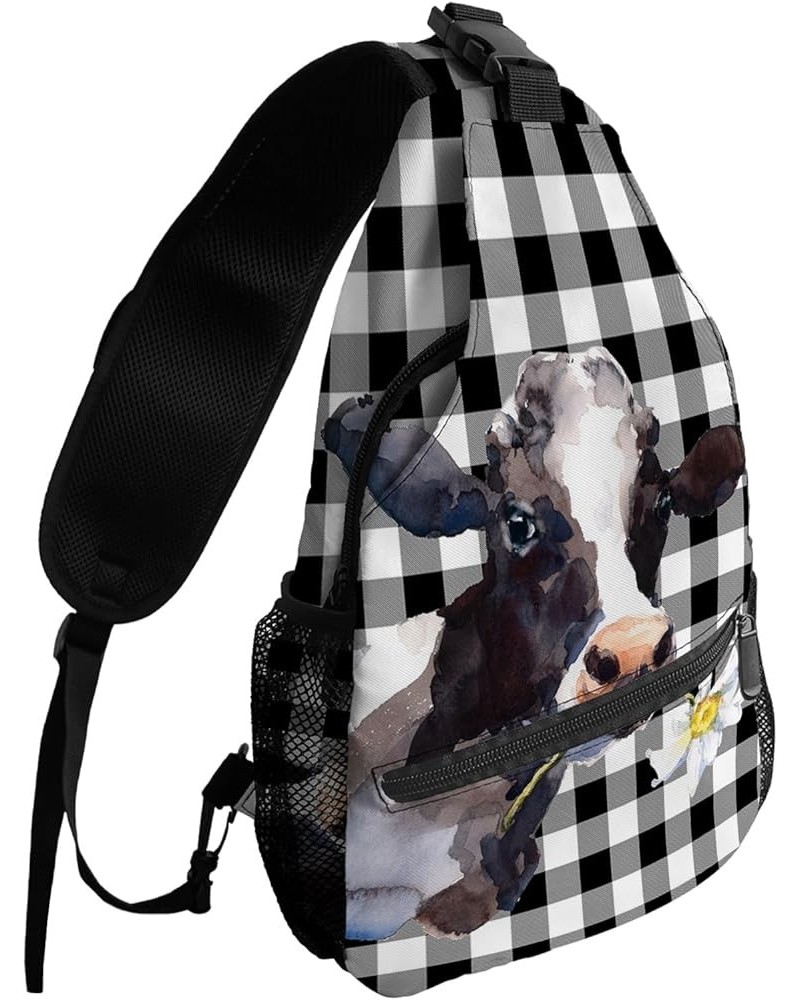 Sling Bag Crossbody Bag for Women Men Farmhouse Diary Cow Black and White Plaid Waterproof Hiking Backpack Lightweight Chest ...