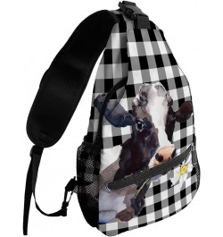 Sling Bag Crossbody Bag for Women Men Farmhouse Diary Cow Black and White Plaid Waterproof Hiking Backpack Lightweight Chest ...