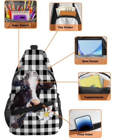 Sling Bag Crossbody Bag for Women Men Farmhouse Diary Cow Black and White Plaid Waterproof Hiking Backpack Lightweight Chest ...