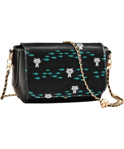 Cat and Fish Blue Black Crossbody Bag Womens Belt Bag Handbag with Adjustable Strap Travel Purses $17.21 Shoulder Bags