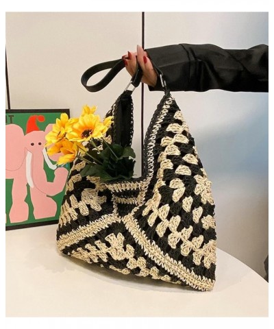 Straw Hobo Bags for Women Hollow Out Straw Tote Summer Beach Bag Retro Purses 2024 Black $11.48 Shoulder Bags