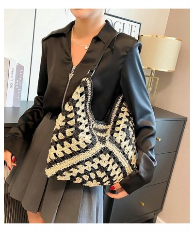 Straw Hobo Bags for Women Hollow Out Straw Tote Summer Beach Bag Retro Purses 2024 Black $11.48 Shoulder Bags