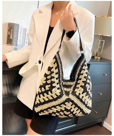 Straw Hobo Bags for Women Hollow Out Straw Tote Summer Beach Bag Retro Purses 2024 Black $11.48 Shoulder Bags