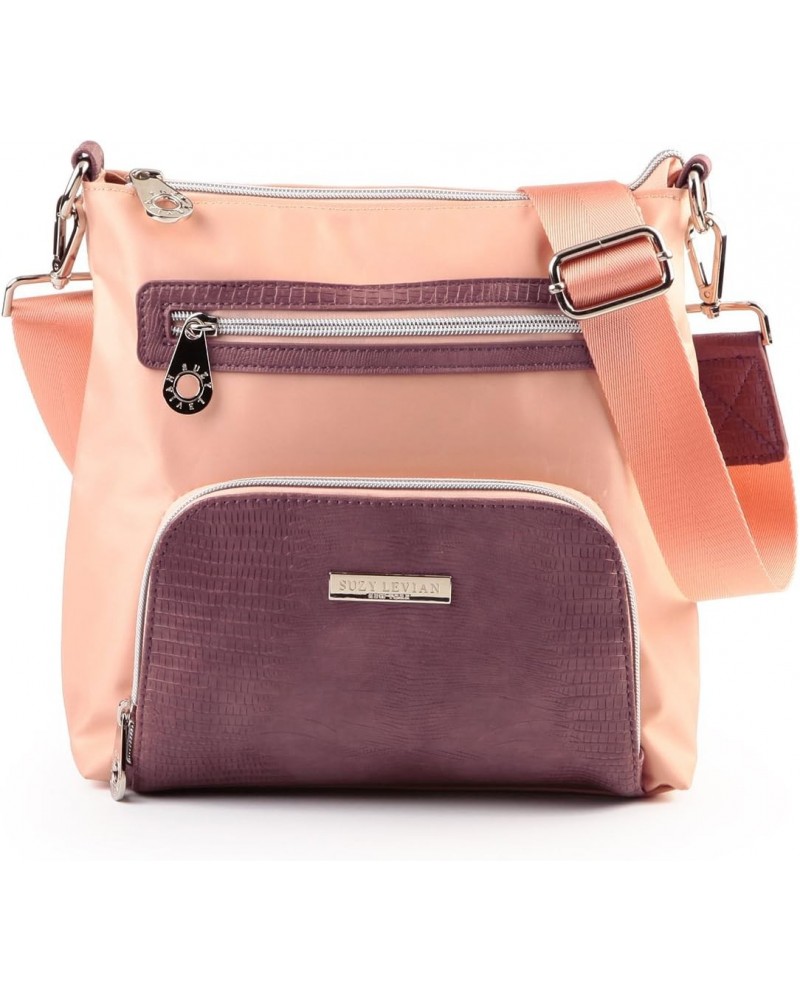 Suzy Levian Pink Nylon Faux Crocodile Front Pocket Crossbody Handbag $74.26 Crossbody Bags