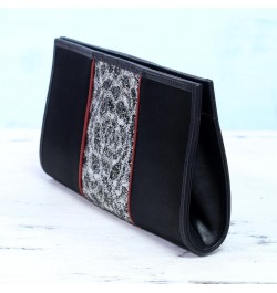 Handmade Leather Accent Satin Clutch Lace Handbag from India Black Evening Embroidered 'Innocent Black' $27.32 Evening Bags