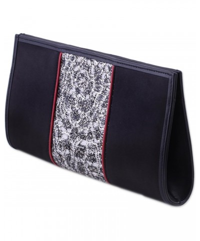 Handmade Leather Accent Satin Clutch Lace Handbag from India Black Evening Embroidered 'Innocent Black' $27.32 Evening Bags