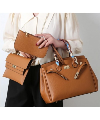 Women's Luxury Designer PU Leather Silk Ribbon Tote Handbag Clutch Handle Satchel Square Purse 3 Set Shoulder Bag W-brown $29...