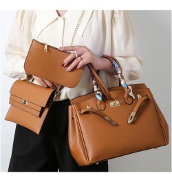 Women's Luxury Designer PU Leather Silk Ribbon Tote Handbag Clutch Handle Satchel Square Purse 3 Set Shoulder Bag W-brown $29...