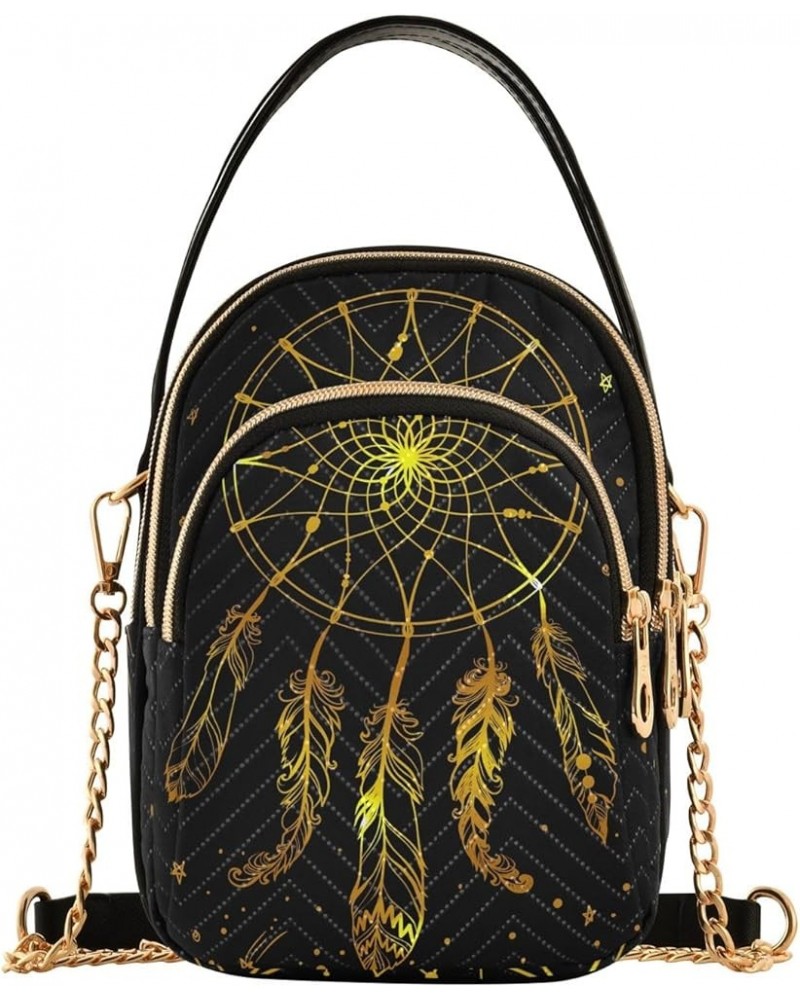 Elegant Gold Exotic Leaves Pattern Crossbody Bags for Women Small Quilted Crossbody Bags Golden American Indian Dreamcatcher ...