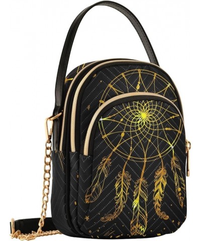 Elegant Gold Exotic Leaves Pattern Crossbody Bags for Women Small Quilted Crossbody Bags Golden American Indian Dreamcatcher ...