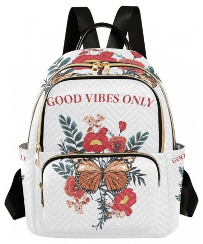 Poppy Flower Butterfly Design Good Vibes Only Small Backpack Purse for Women Travel Bag Fashion Daypack Back Pack Shoulder Ba...