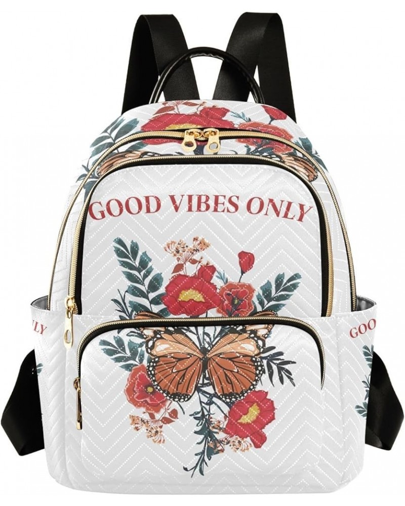 Poppy Flower Butterfly Design Good Vibes Only Small Backpack Purse for Women Travel Bag Fashion Daypack Back Pack Shoulder Ba...